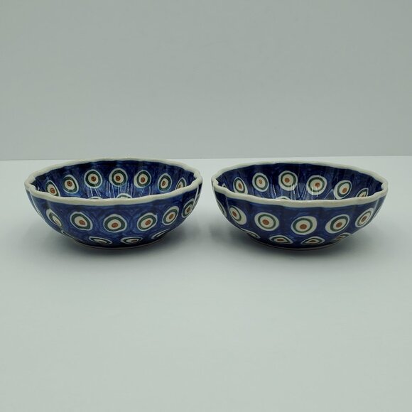 Polish Pottery Peacock Eyes Small Fluted Bowls Brown Eyed Peacock Trinket Dishes - Picture 1 of 8